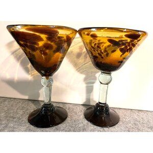 2 Tortoise Shell Style Blown Glass Margarita/Martini Glasses Heavy Wt.  # 1896